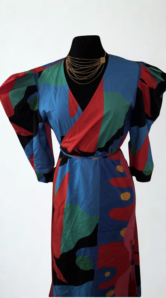 Abstract Colorblock Wrap Dress
